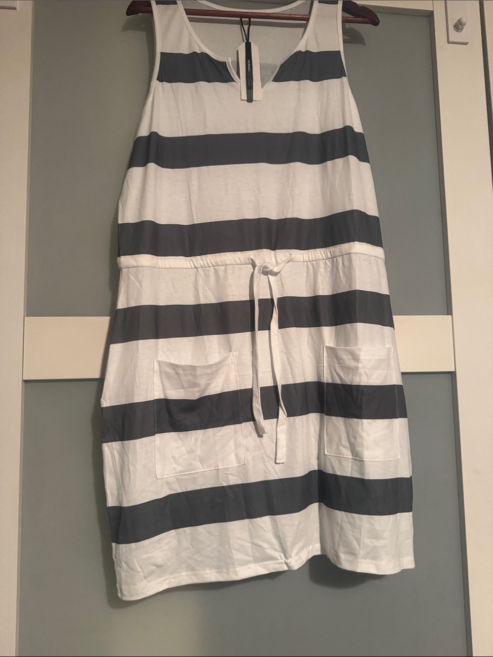 White and Olive Green  Striped Midi Skirt with Drawstring Waist